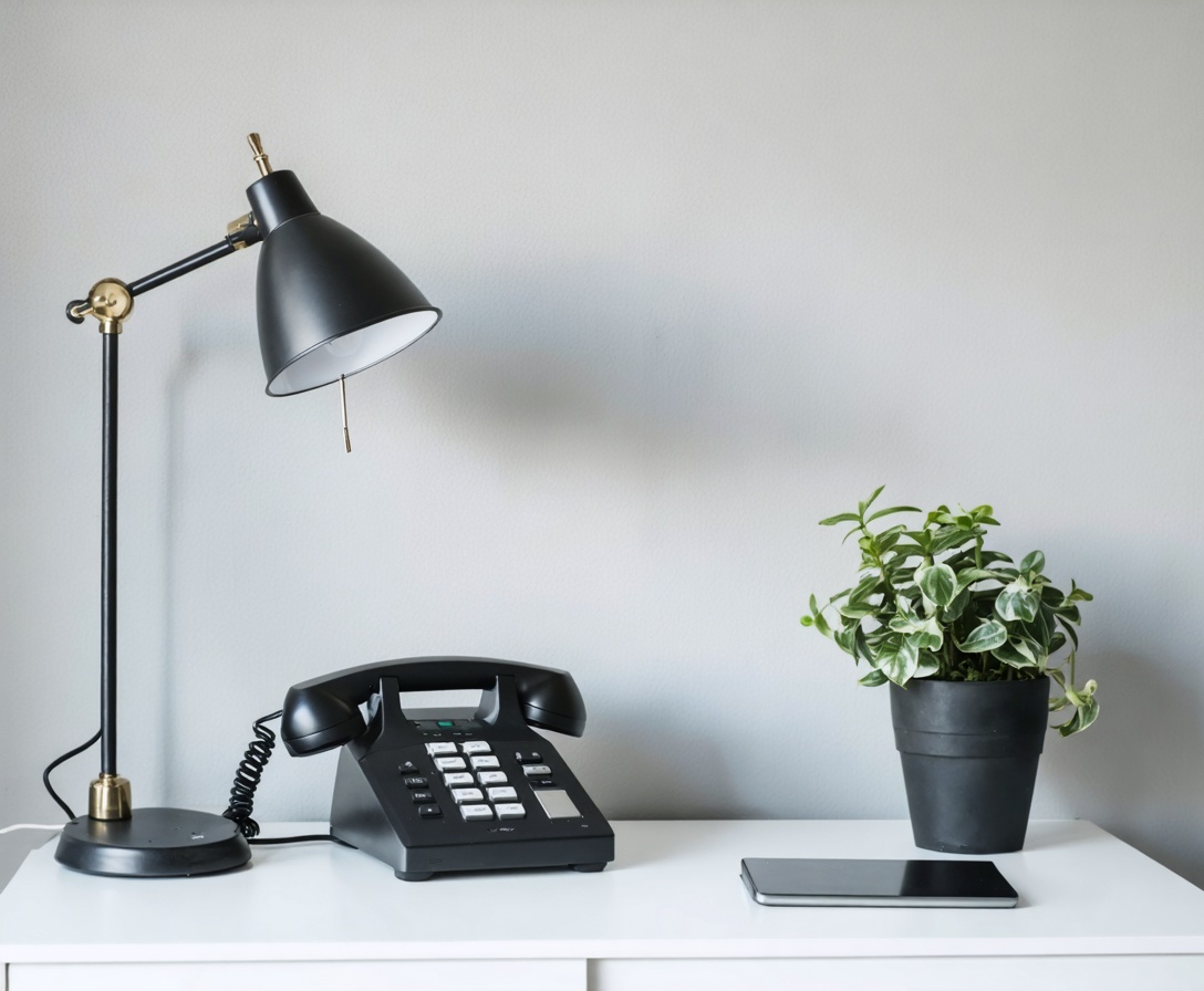 Minimalist desk setup with modern telephone and plant