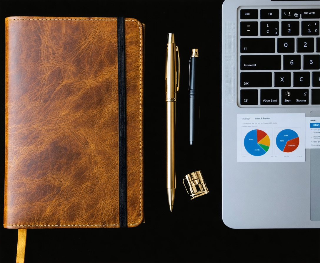 Flat-lay of notebook, gold pen, and laptop showing financial data