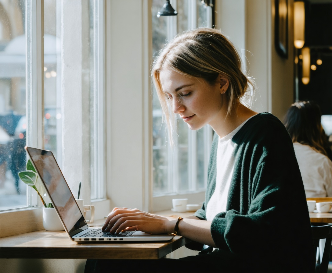 Person using laptop in a cafe, looking focused