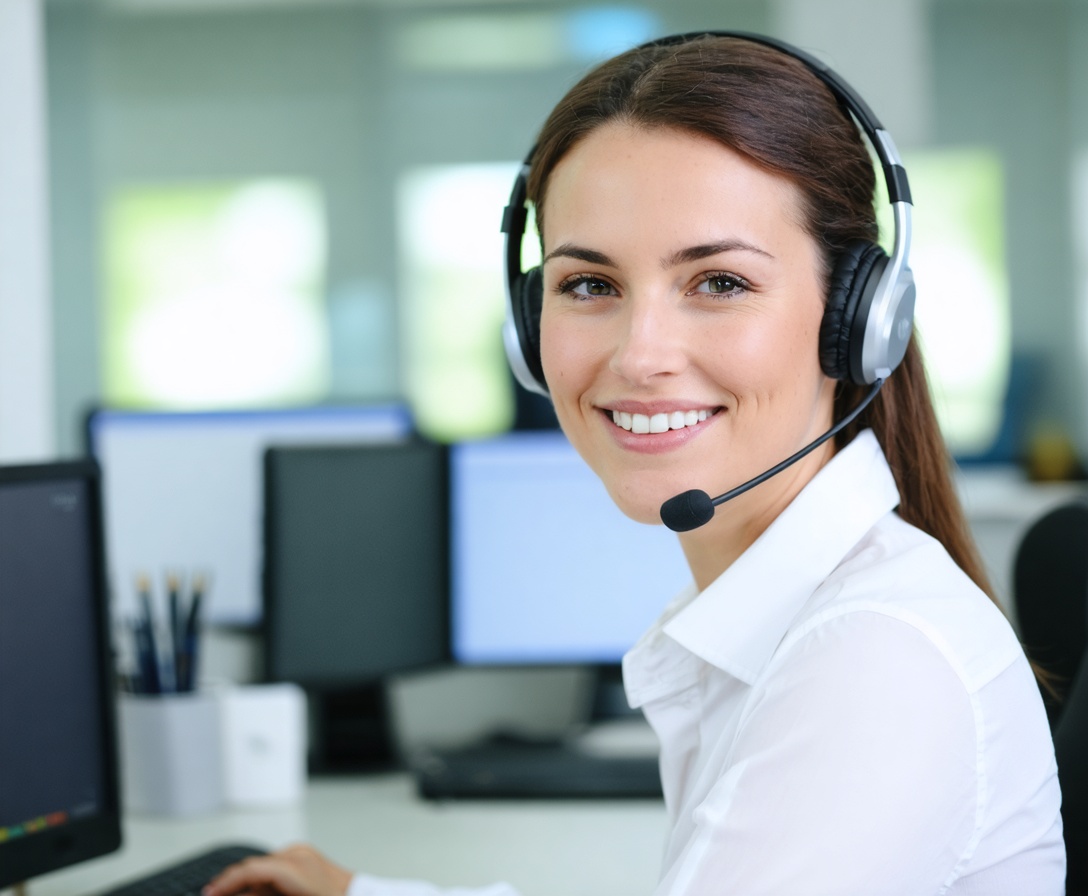 Friendly professional woman wearing a headset, smiling slightly