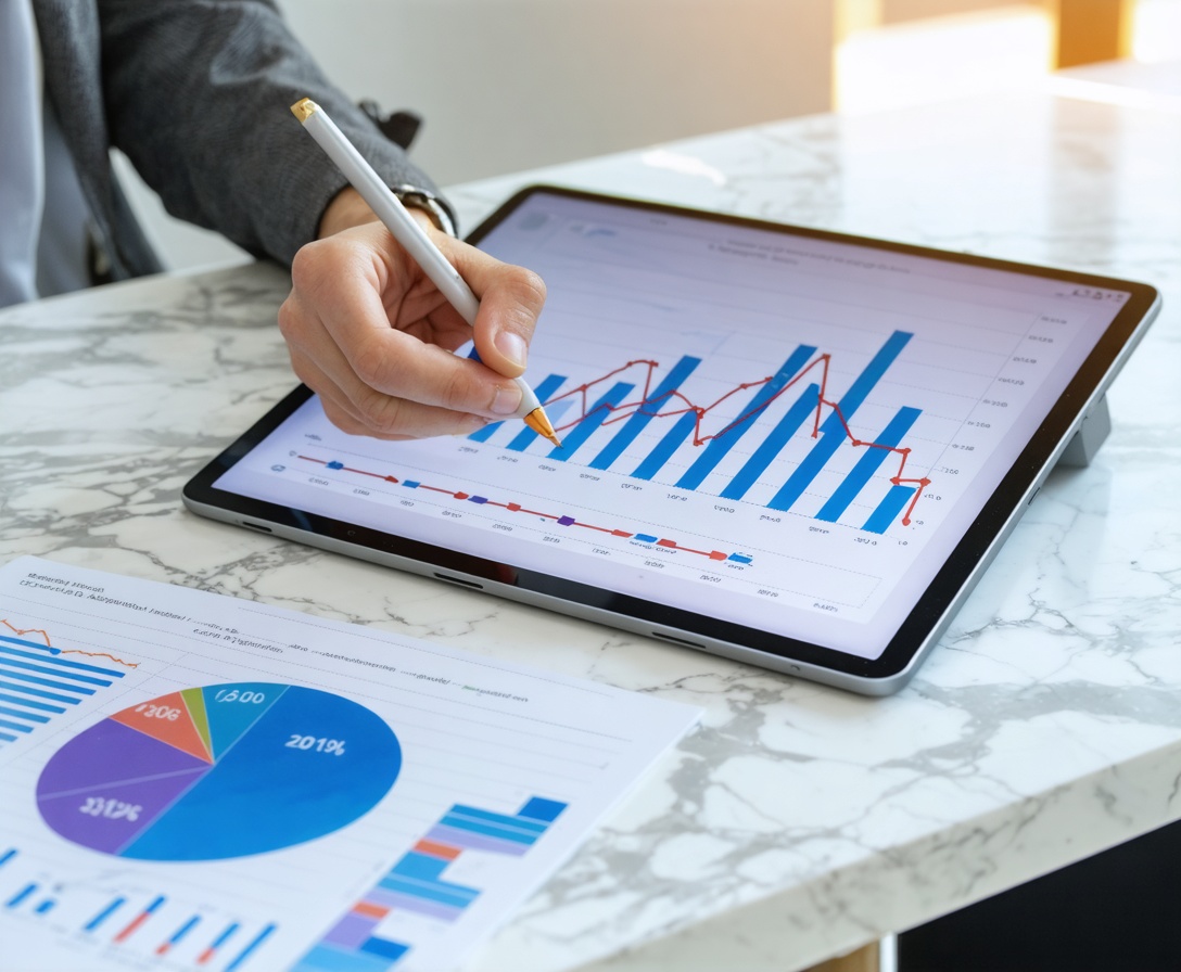 Hand sketching a financial growth chart on a tablet