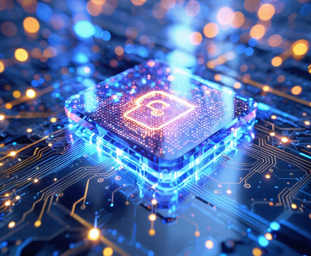 Abstract close-up of high-tech glass surface with digital light patterns