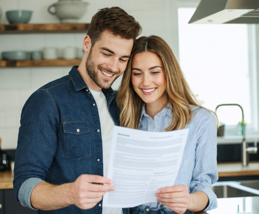 Young professional couple smiling while looking at a document