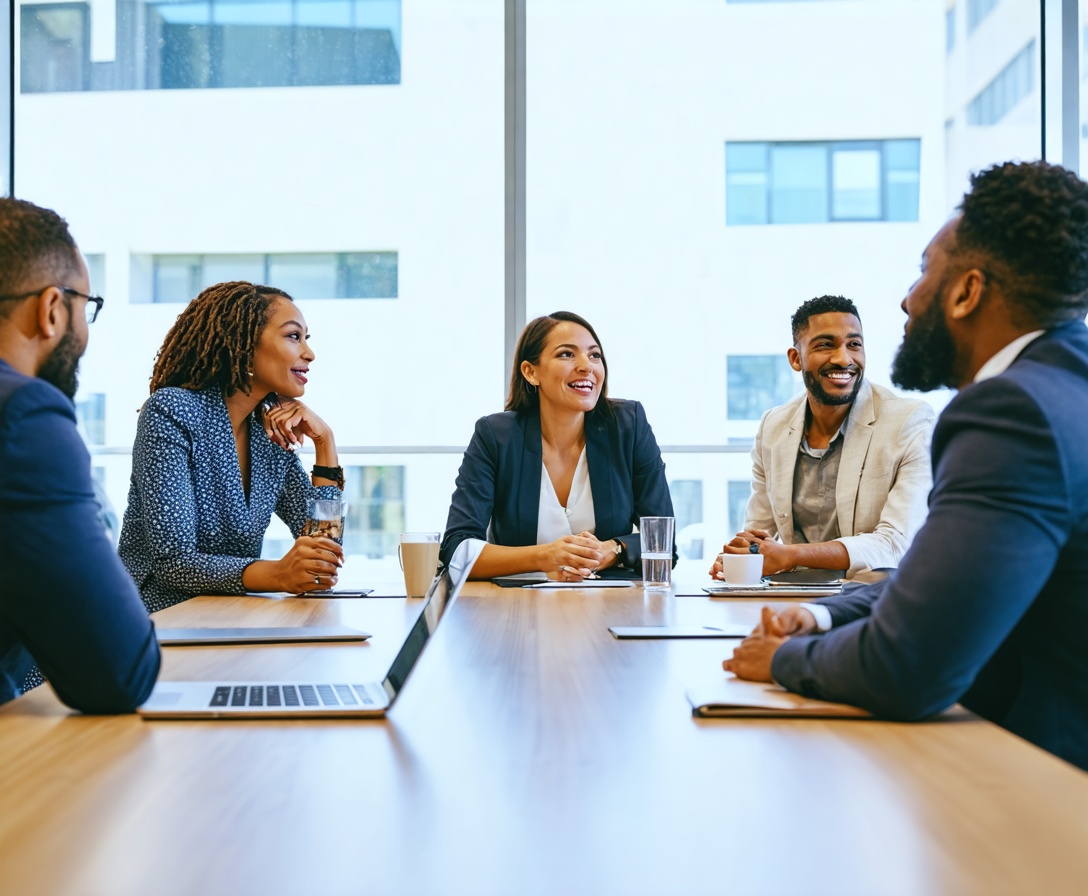 Diverse group of professional financial advisors in a modern conference room