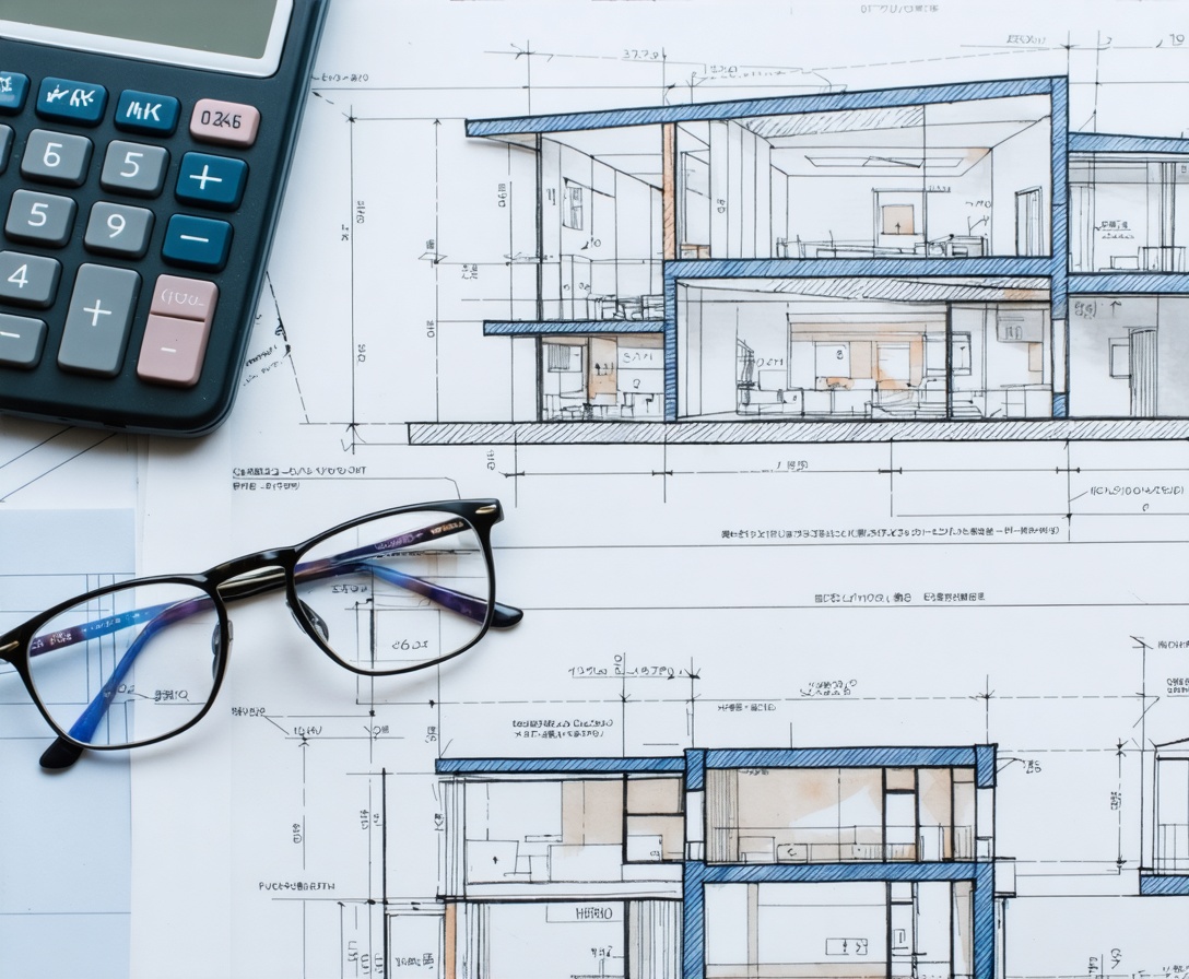 Macro shot of architectural blueprints and a calculator